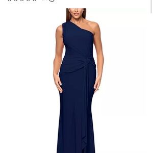 Aqua One-Shoulder Navy Evening Gown with Knot Detail
